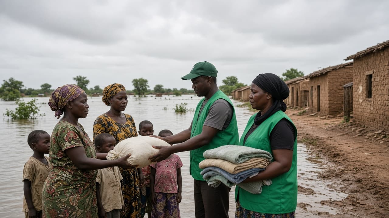 Relief volunteers distributing grain and blankets after floods in Saboba