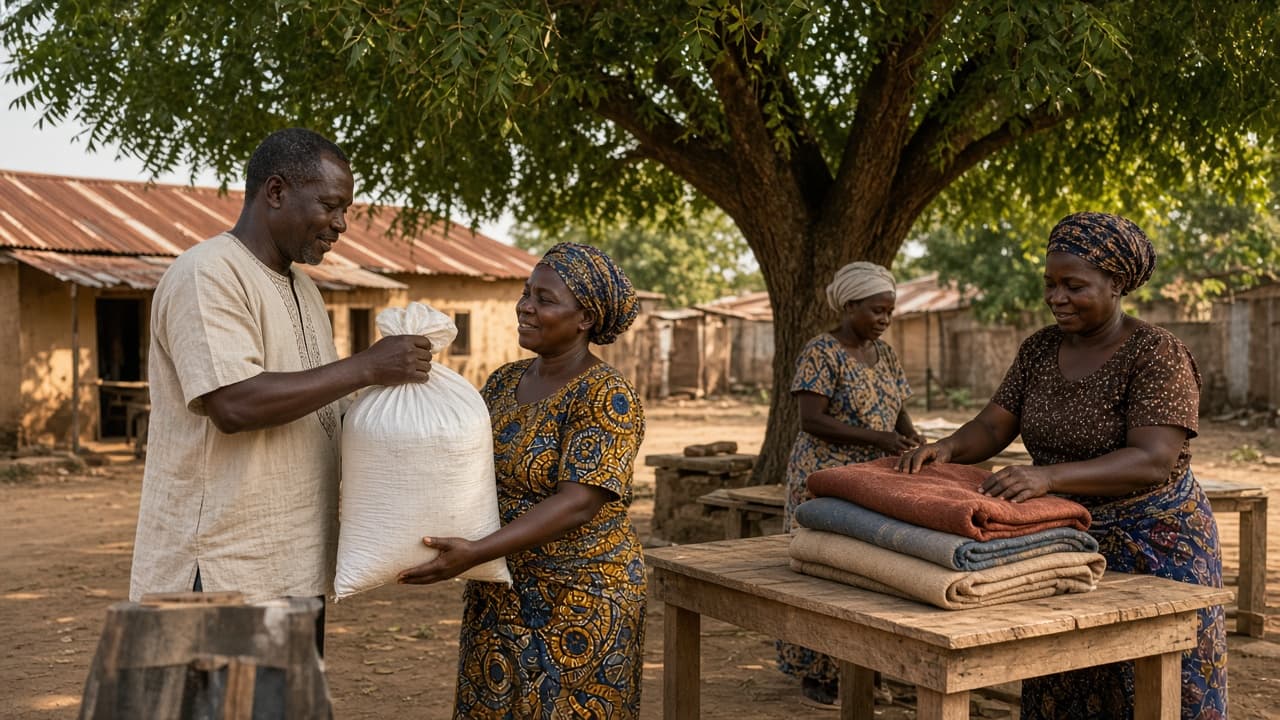 Volunteers sharing grain and blankets in a Ghana community